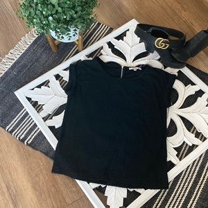 Rose + Olive black shirt with polka dot detail. Size medium.